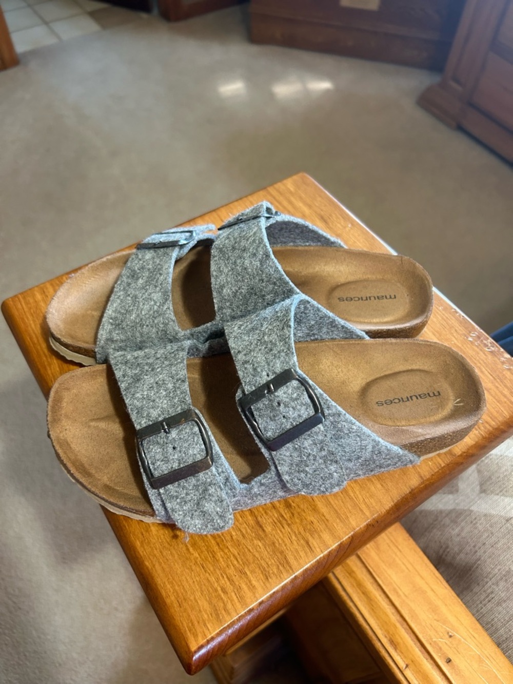 Maurices Gray Felt Double-Buckle Slide Sandals with Brown Footbed